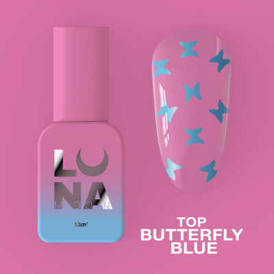 Топ для нігтів LunaMoon Butterfly Blue прозорий з блакитними метеликами, 13 мл 