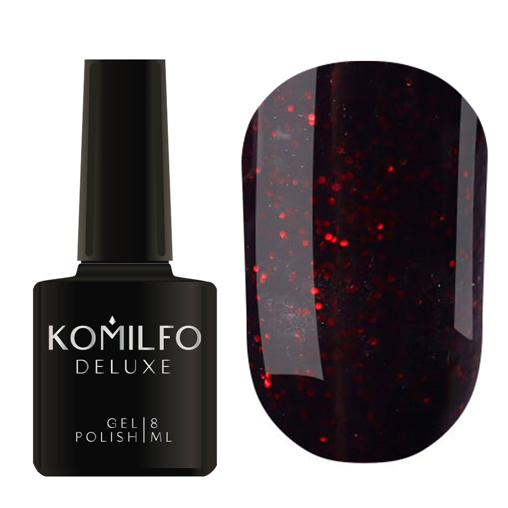 Гель-лак для нігтів Komilfo DeLuxe Series №G024 чорний з червоними блискітками, 8 мл