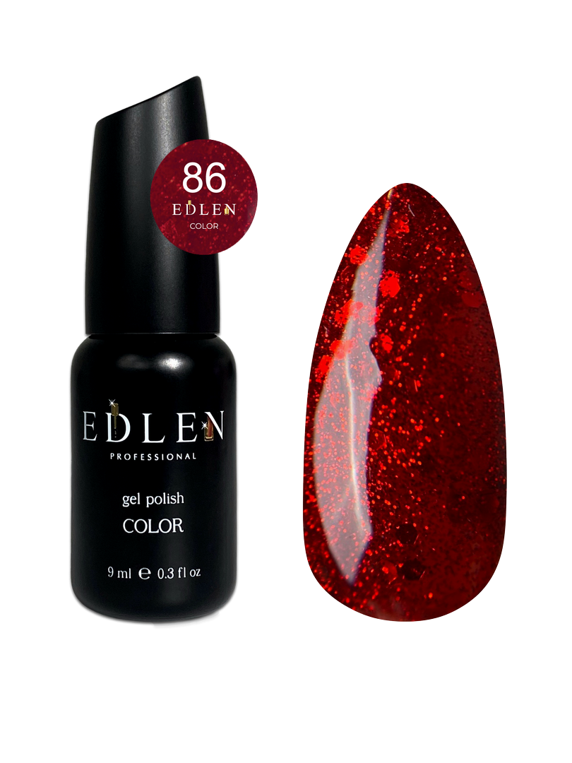 Гель-лак для нігтів Edlen Color №086 темно-червоний з блискітками, 9 мл