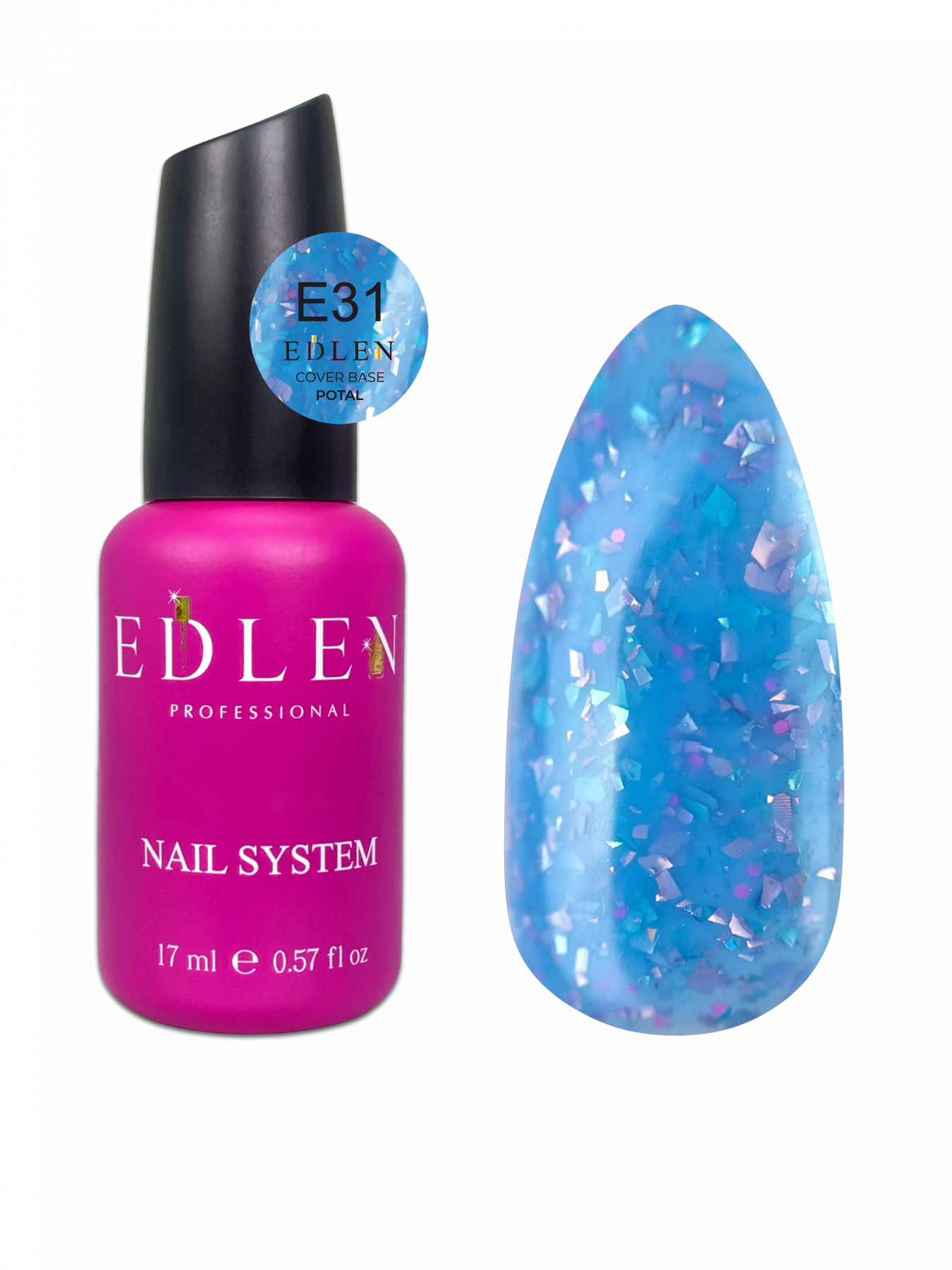 Камуфлююча база Edlen Cover base Potal №E31 блакитна зі шматочками поталлі, 17 мл
