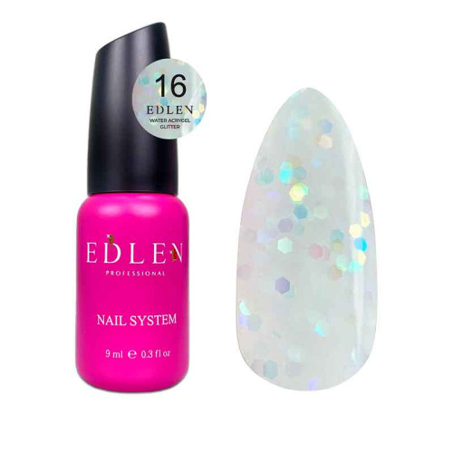 Рідкий гель для зміцнення та моделювання нігтя Edlen Water Acrygel Glitter №16 з глітером, 9 мл