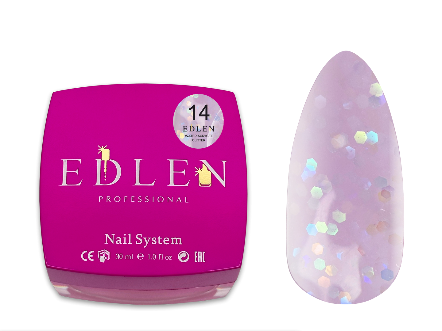 Рідкий гель для зміцнення та моделювання нігтя Edlen Water Acrygel Glitter №14 з глітером, 30 мл