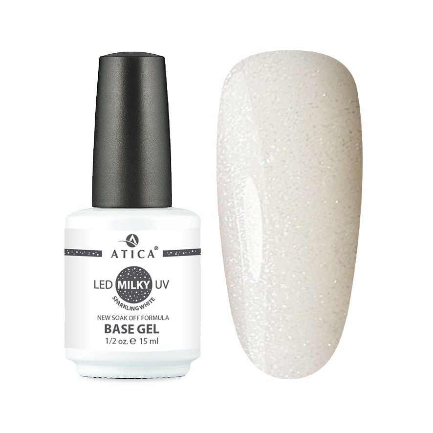 Камуфлююча база для нігтів Atica Base Gel Milky Sparkling White, 15мл