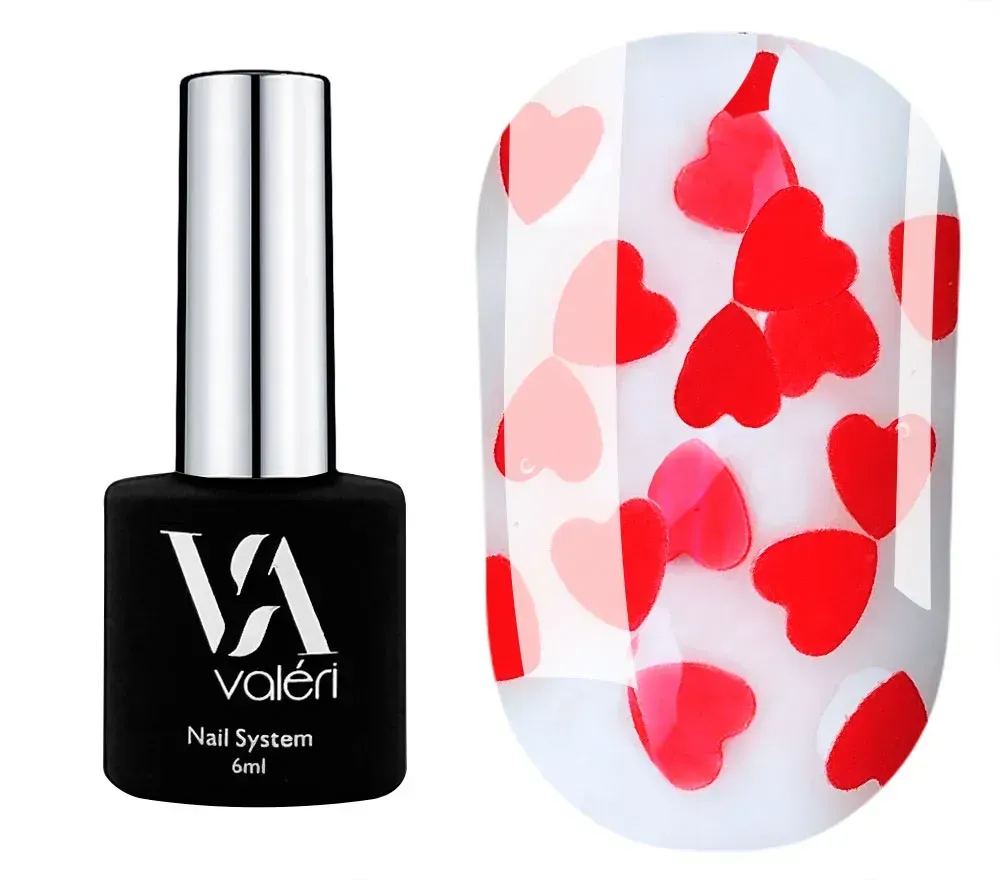 Декоративний топ для нігтів Valeri Top Love is…red червоні серця, 6 мл